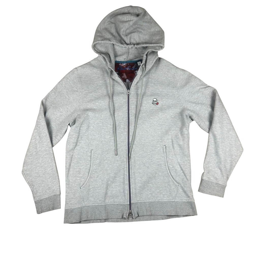 Robert Graham Mens Gray Skull Rose Embroidered Full Zip Hoodie Classic Fit L